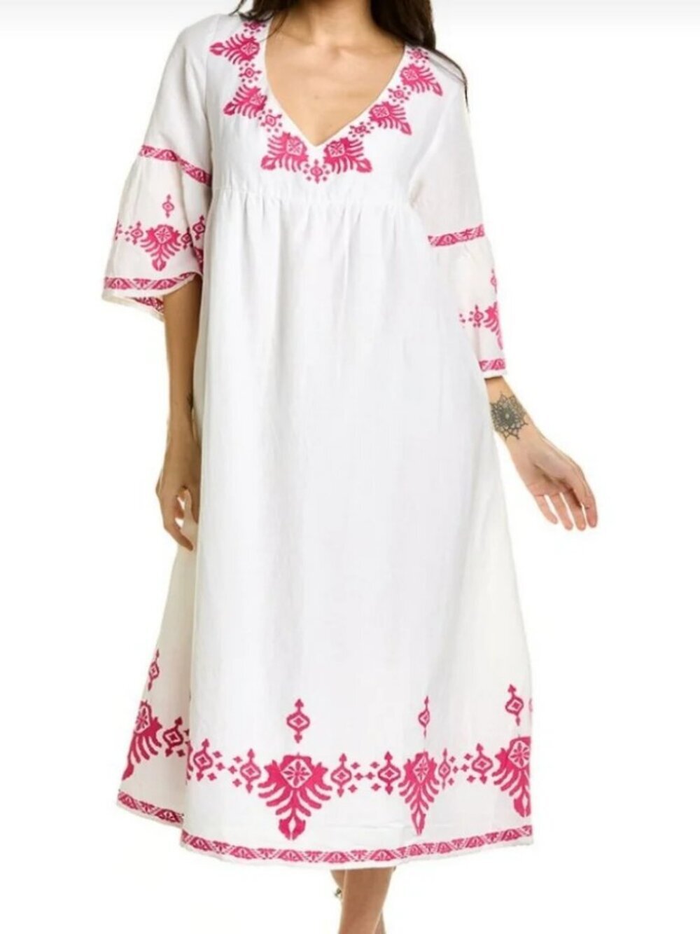 Tommy Bahama Embroidered Linen Bell Sleeve Midi Dress Cover Up Pockets Small